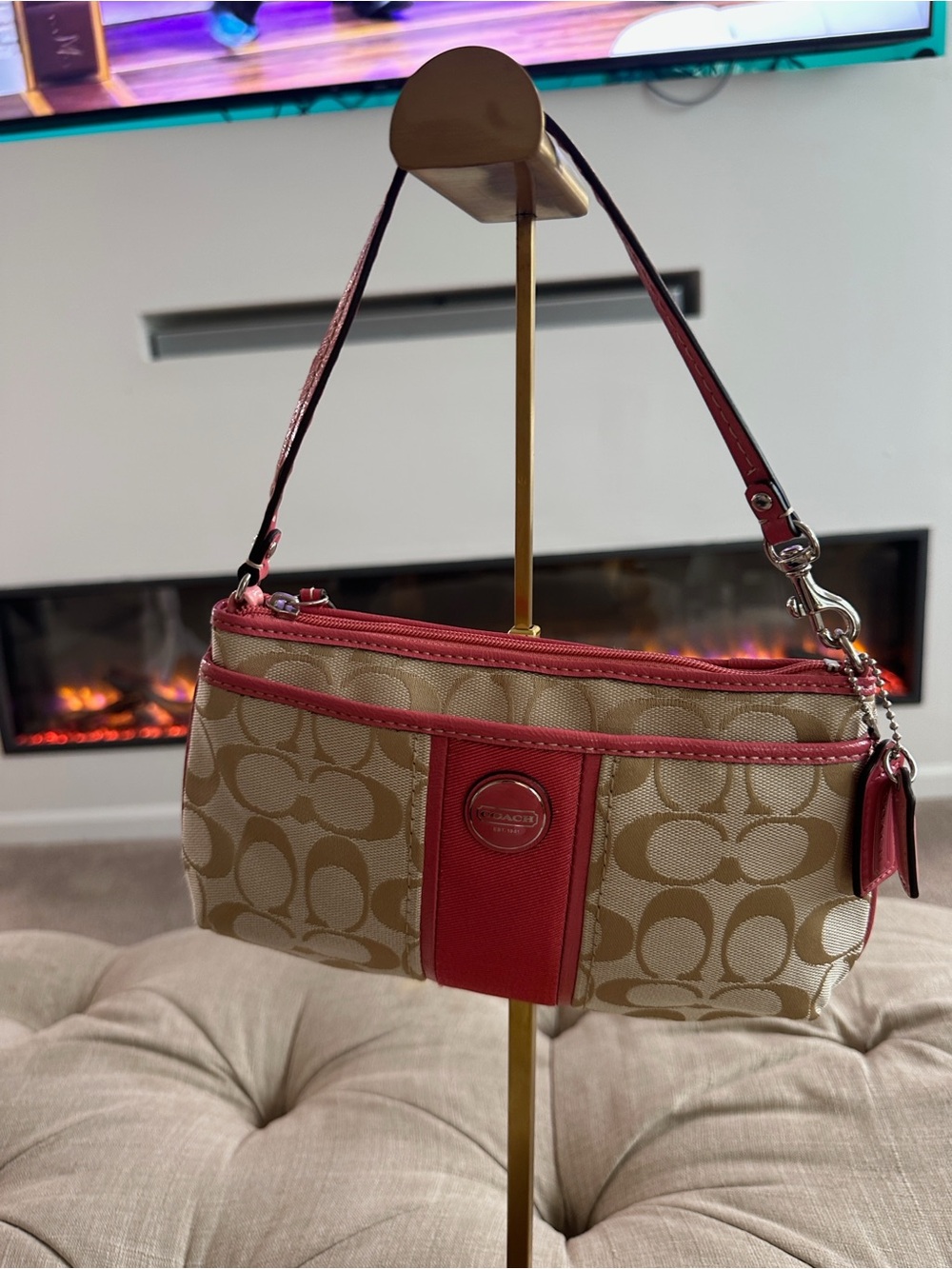 Coach Beige Signature Canvas Shoulder Bag with Red Trim